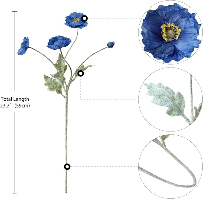 6PCS Dark Blue Faux Poppies Artificial Poppy Flowers with Realistic Silk Long Stems for Table Office Centerpiece Outdoor Indoor Cemetery