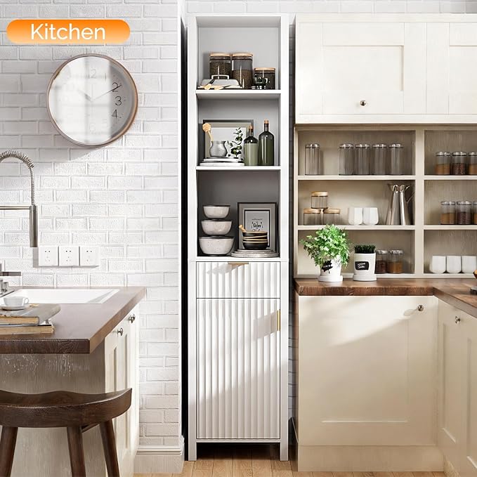 VINGLI 68" Tall Narrow Bathroom Storage Cabinet, Slim Freestanding Floor Cabinet with Fluted Door & Drawer, 12 Inch Deep Skinny Wood Organizer for Small Spaces, Kitchen & Living Room, White
