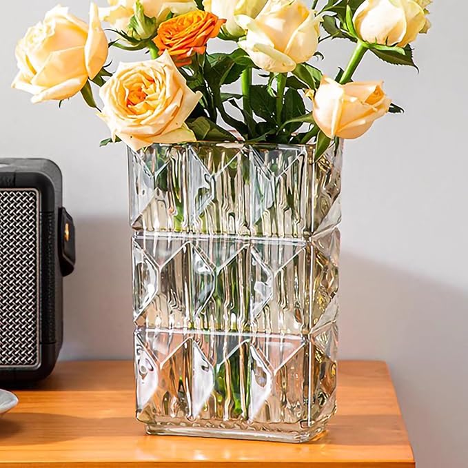 Glass Flower Vase, Clear Crystal Vases for Centerpieces, Heavy Handmade Modern Vases for Decor Home Bedroom Kitchen Office Living Room, 7.88 Inch (Clear Amber)