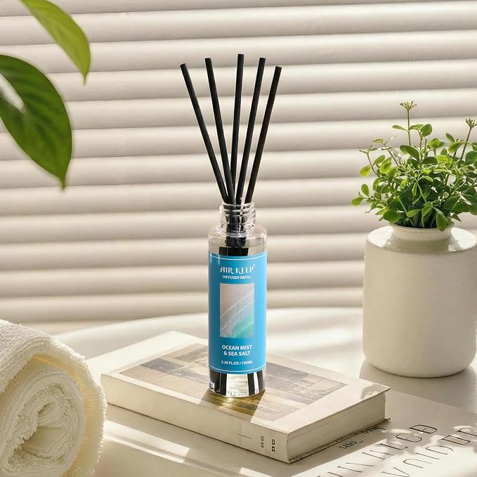 Airkeep Reed Diffuser Set,1.69 fl oz (100 ml) - Ocean Mist&Sea Salt Oil Diffusers with 8 Reed Sticks,Home Fragrance Reed Diffuser for Bathroom Shelf Decor