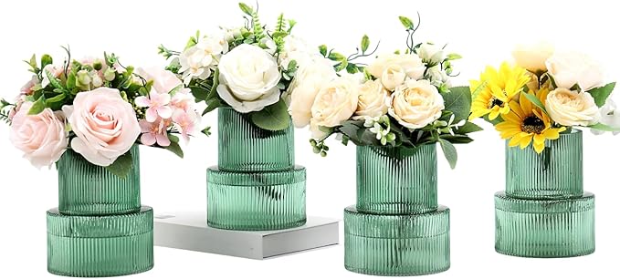 Ribbed Glass Vases, Set of 4 Small Vases for Flowers, Green Glass Vase for Tulips, Modern Vase for Living Room, Kitchen, Office, Entryway, Bookshelf, Wedding Gifts, Birthday, 6 Inches