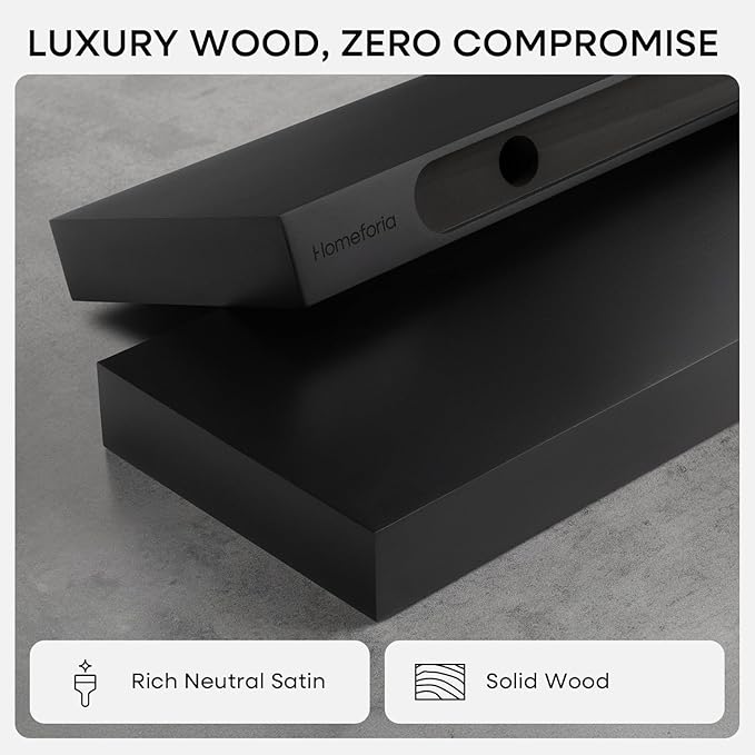 Homeforia Black Floating Shelves 36 inches Long, High End Solid Real Wood 36 inch Floating Shelf for Wall Mounted, Black Wooden 36in Floating Shelves, Heavy Duty Bracket, 36 X 6.5 X 1.75 in, Set of 2