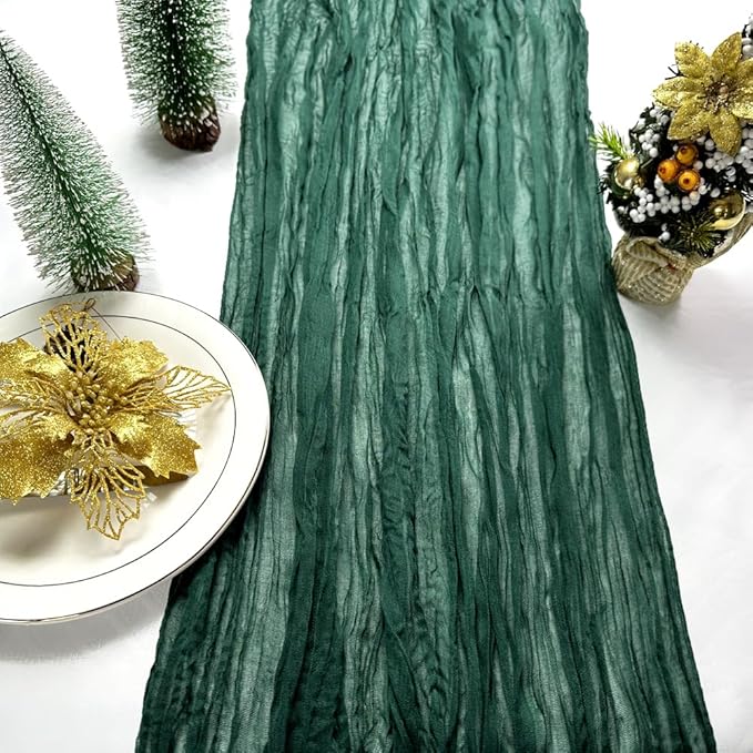 Booque Valley Christmas Table Runner 3 Pack Green Cheesecloth 10ft Soft Boho Wrinkled Decorative Gauze Sheer for Holiday Party Baptism Wedding Centerpiece Table Decor, 35x120 Inch