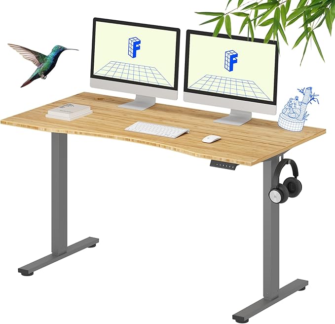 FLEXISPOT EN1 Bamboo Standing Desk, 55 x 28 Inches One-Piece Electric Adjustable Height Desk (Silver Frame + Bamboo Curved Desktop, 2 Packages)