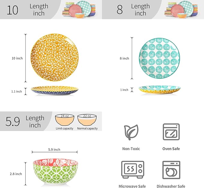 Selamica Ceramic Plates and Bowls Sets,24 Pieces Dinnerware Sets for 8,Scratch Resistant Dish Set for family gathering,Dishwasher & Microwave Safe, Assorted Colors