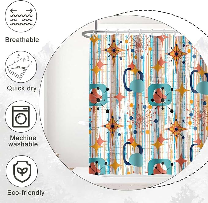 Mid Century Shower Curtain, 36x72inch, Modern Abstract Retro Colorful Striped Geometric Shower Curtain Sets 1950s Boho Bathroom Shower Curtain with 6 Hooks