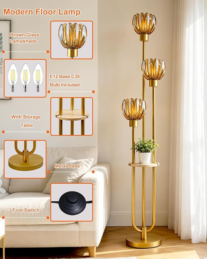 Lightdot 3-Lights Glass Floor Lamp for Living Room Modern Gold Floor Lamps with Lotus Amber Glass Shade& Bulbs Included for Wedding/Party Tall Standing Lamp for Bedroom/Sofa Beside/Corner Decor