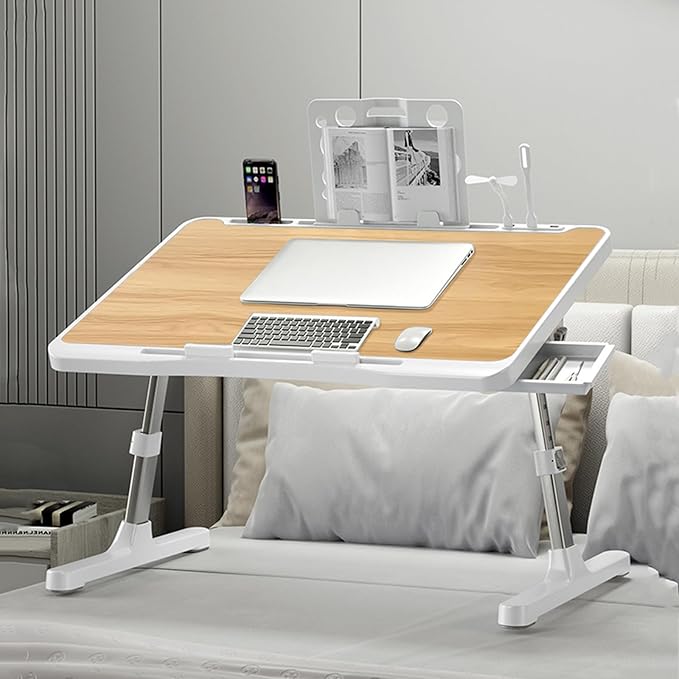 Laptop Desk for Bed, Adjustable Beds Table with USB Charge Port, Foldable Laptop Table with Storage Drawer, Portable Laptop Bed Desk Tray for Eating Working Writing Reading (Yellow)