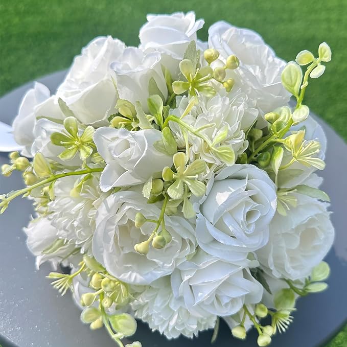 8.6 Inch Wedding Bouquets for Bride Bridesmaid, Ivory White Green Bouquet with Pearl Chains Artificial Fake Silk Roses Flowers for Wedding Boho Rustic Church Decoration Toss Bouquet