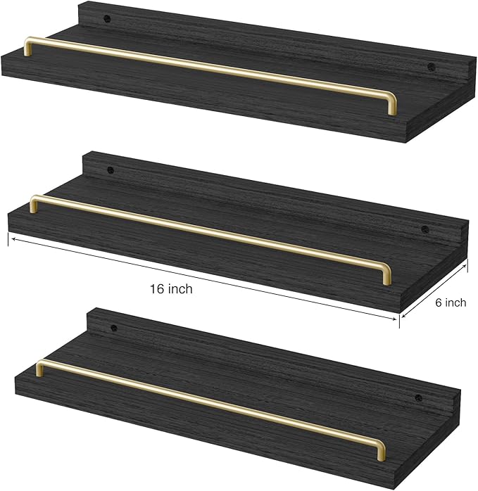 RYOFOBETTO Floating Shelves for Wall Decor, Black and Gold Shelves for Bathroom, Living Room, Bedroom, Picture Frames, Plants, Kitchen (Set of 3)