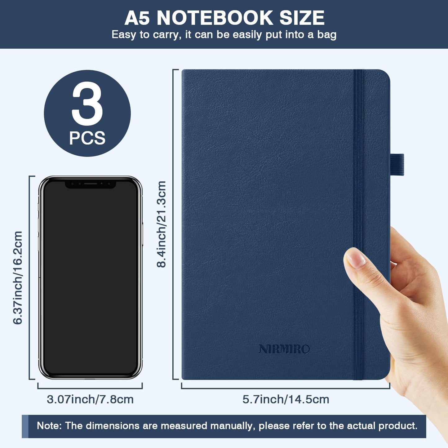 Skiennix Lined Journal Notebook - Leather Hardcover A5 (5.7"x8.4") | 3-Pack for Work & Travel