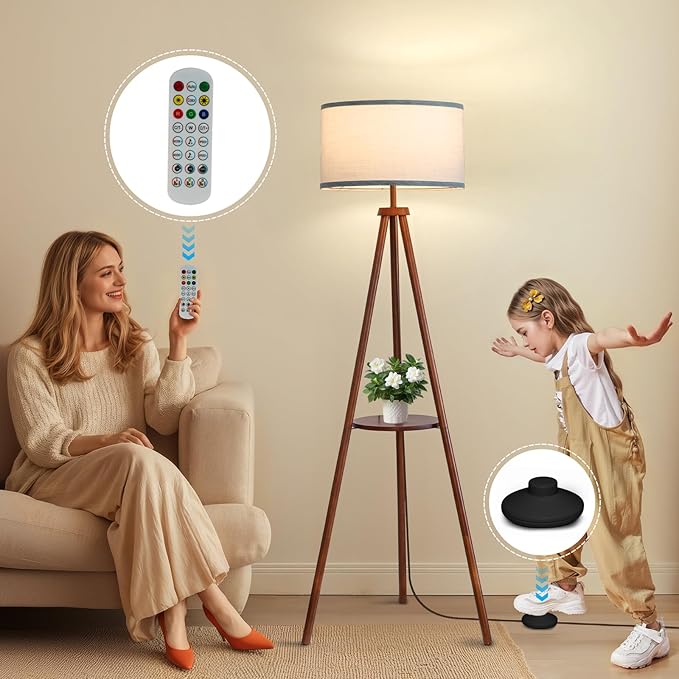 EOEYYOYB Floor Lamps for Living Room, Modern Standing Lamp with Shelf, 3 Color Temperature Led Bulb Tall Lamps with Foot Switch for Bedroom and Office, Walnut