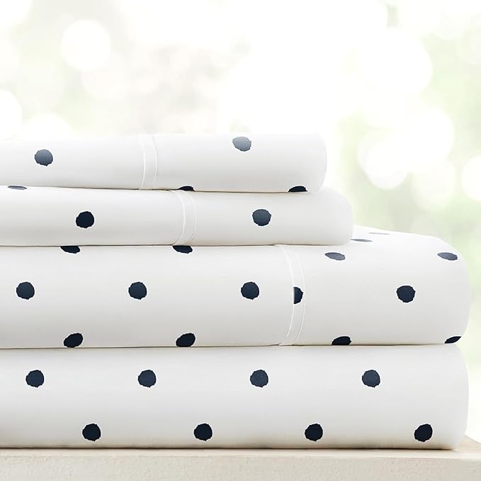 Linen Market 4 Piece Queen Sheet Set - Breathable, Double-Brushed Patterned Cooling Sheets – Oeko-TEX Certified Ultra Soft & Wrinkle-Free 16" Deep-Pocket Queen Sheets - Easy Care Dots Navy