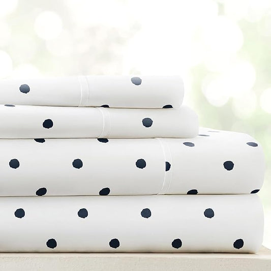 Linen Market 4 Piece Queen Sheet Set - Breathable, Double-Brushed Patterned Cooling Sheets – Oeko-TEX Certified Ultra Soft & Wrinkle-Free 16" Deep-Pocket Queen Sheets - Easy Care Dots Navy