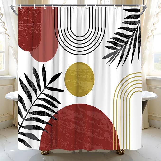 Mid Century Modern Shower Curtain Boho Red Abstract Retro Aesthetic Fabric for Bathroom Decor Bathtub with Hooks (70" WX74.8 H)