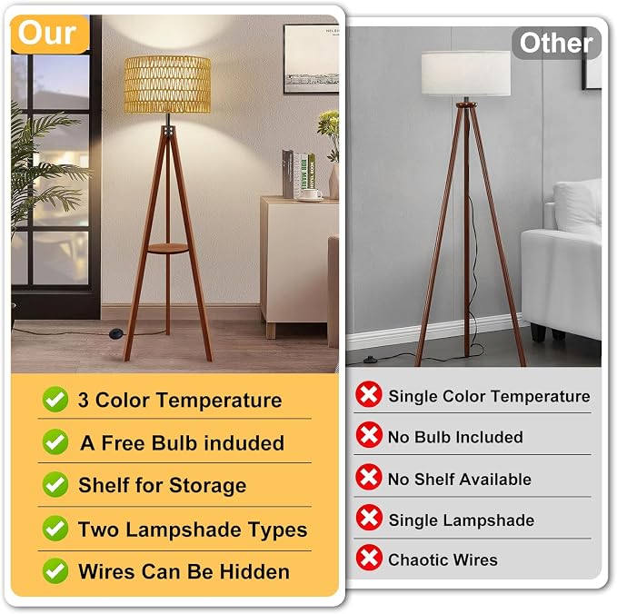 Boho Rattan Floor Lamp with Shelf & Bulb Included, Wicker Tripod Floor Lamp 3 Color Temperatures, Wood Rustic Tall Lamps with Foot Switch, Walnut Boho Standing Lamps for Living Room Bedroom