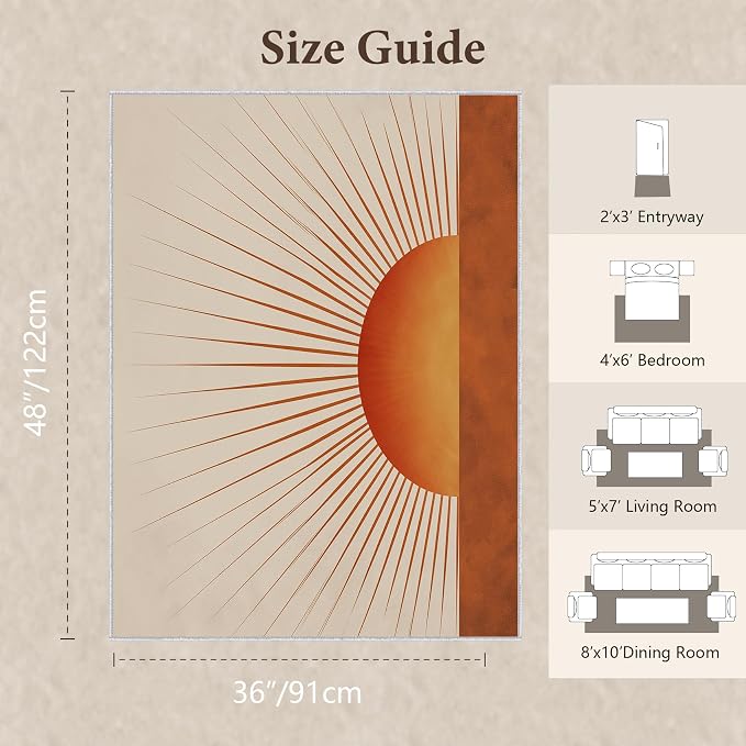Sunburst Area Rug 3x4, Retro Sun Design Rug, Mid Century Modern Carpet for Living Room Bedroom, Soft Non Slip Washable Area Rug