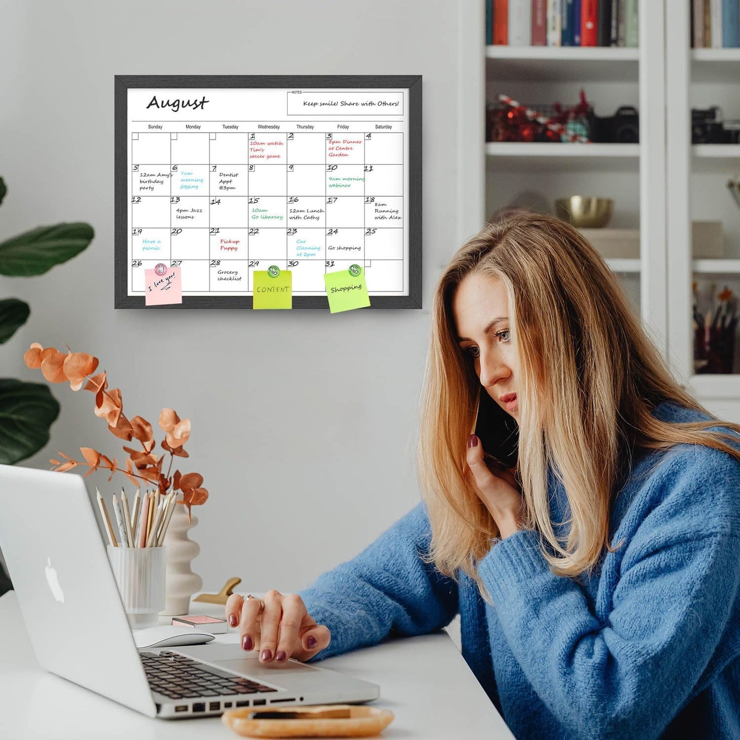 Skiennix Dry Erase Calendar - 17x13 Inch Magnetic Wall Whiteboard with Wood Frame for Home & Office