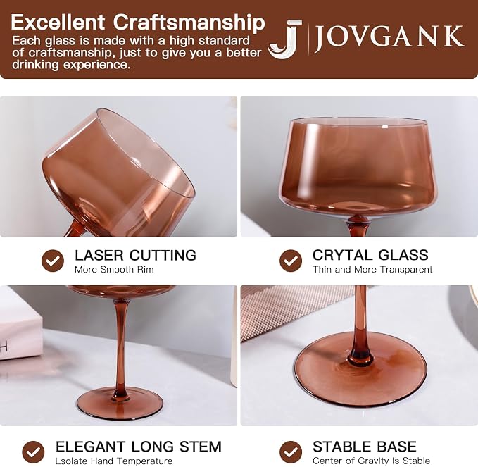 JOVGANK Amber Coupe Glasses Set of 6, Hand Blown Brown Martini Glasses 13Oz, Champagne & Cocktail Luxury Coupe Glasses, Bar Manhattan Glass, Mother's Day Gift for Espresso Martini Glass