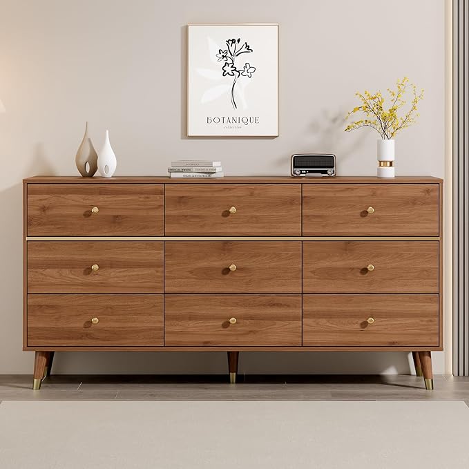 9 Drawer Dresser,63" Wide Mid Century Modern Chest of Drawers,Wooden Bedroom Drawer Dresser with 9 Storage Drawers for Bedroom, Living Room,with Anti-Tipping Device,Walnuts
