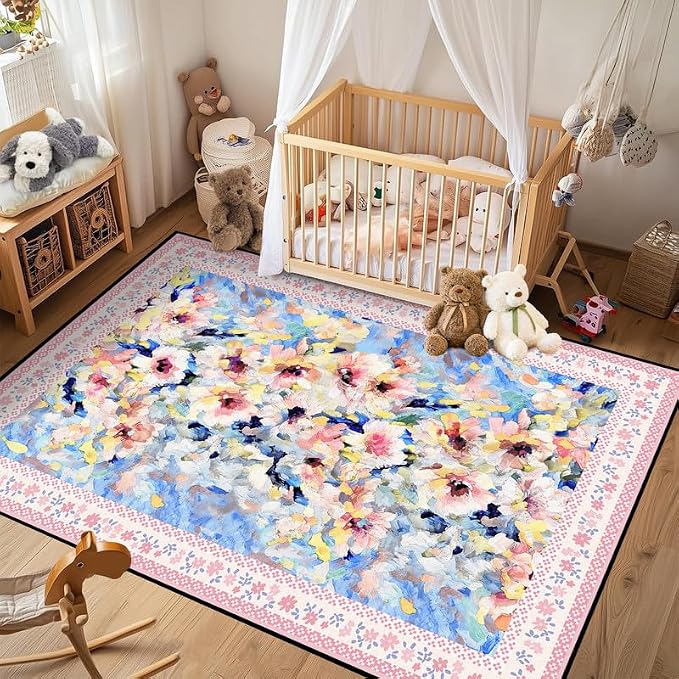 Floral Oil Painting Area Rug Watercolor Flower Print Rugs for Entryway Bedroom Living Room Nursery Kitchen Playroom Home Decor Washable Low Pile Floor Mat Carpet,2'x3'
