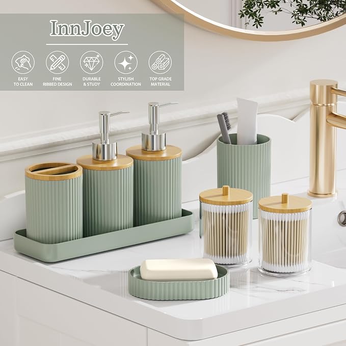 10PC Bathroom Accessories Set - Sage Green Bathroom Sets, Bathroom Accessory Set with Pop Up Trash Can, Toilet Brush, Trash Can, Qtip Holder & Soap Dispenser