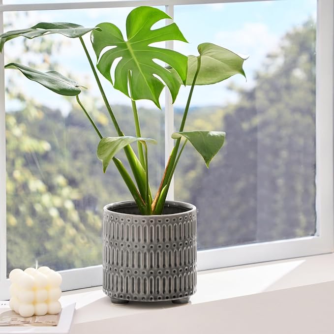 STHIE 5 Inch Ceramic Planters for Indoor Plants, Gray Cactus Snake Plant Pots with Drainage, Unique Design Round Flower Pot for Home Decoration