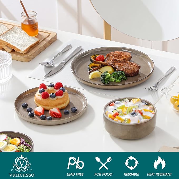 vancasso PLAYA Plates and Bowls Sets, 18 Pieces Dark Brown Dinnerware Sets for Kitchen, Reactive Glaze Dishes Set for 6, Dishwasher and Microwave Safe