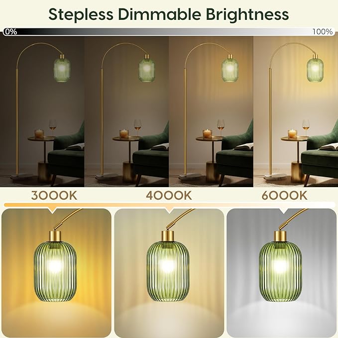 COTTHOS Floor Lamp for Living Room, Modern Gold Lamp with Ribbed Glass Lampshade Marble Base, 68” Glass Tall Lamp with Remote Control and Pedal Switch for Bedroom (6000K LED Bulb Included)