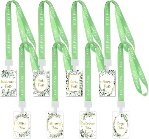 Skiennix 8 Set PVC Hall Pass Lanyards - Durable Eucalyptus Design for School & Office Use
