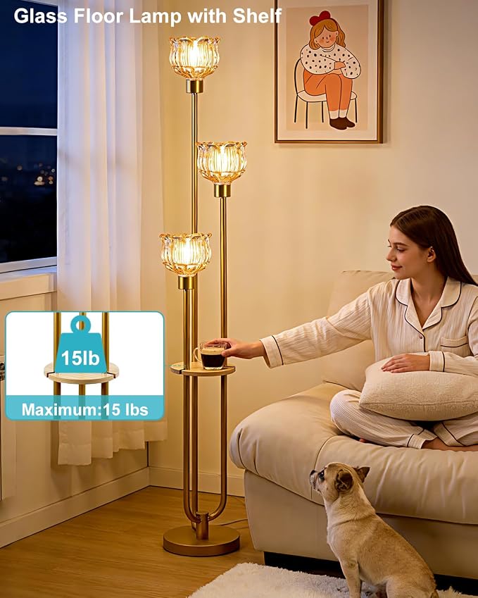 Lightdot Glass Floor Lamp for Living Room 3-Lights Modern Gold Floor Lamp with Amber Glass Shade 3000K Bulbs Included Unique Tall Standing Lamp with 5Lb Heavy Base for Bedroom/Sofa Beside/Corner Decor