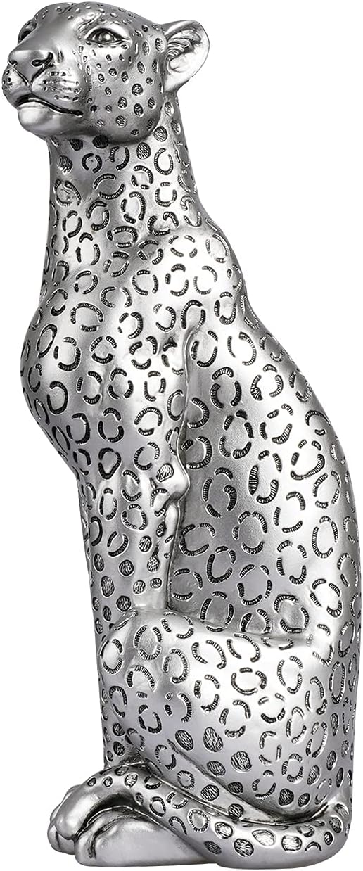Cheetah Statue Home Decor Leopard Sculpture Resin Sitting Cheetah Figurine Desktop Table Top Ornament Decoration for Home Office Silver