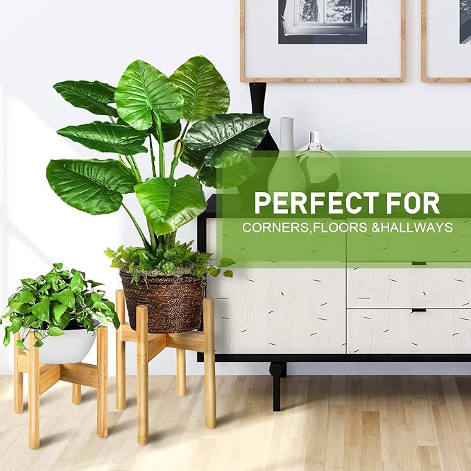 2 Pack Bamboo Plant Stands, Adjustable Plant Stand Indoor, Mid Century Modern Plant Stand, Plant Holder for Living Room, Balcony Fits 8 to 12 Inches Pots (Beige)
