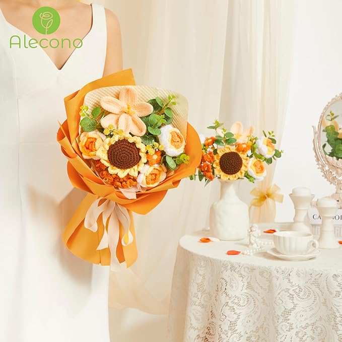 Alecono Crochet Flower Bouquet, Orange Knitted Flowers, Crochet Sunflower Flower for Lover Anniversary Birthday Party Mother's Day Graduation Gifts (Include Card)