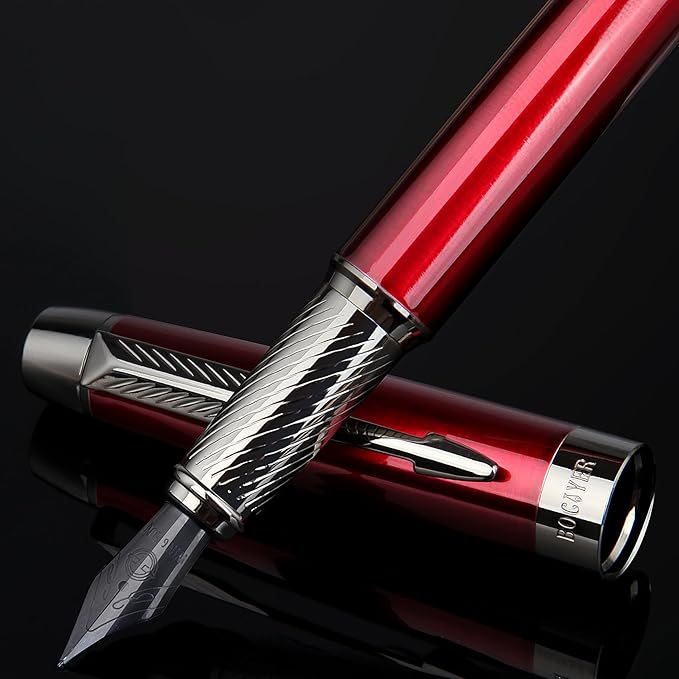 BOCIYER Fountain Pen with Fine Nib & Black Ink, Refillable & Elegant Bent Nib Design, Calligraphy Pens for Writing, Best Fountain Pen for Smooth & Fancy Writing (Red)