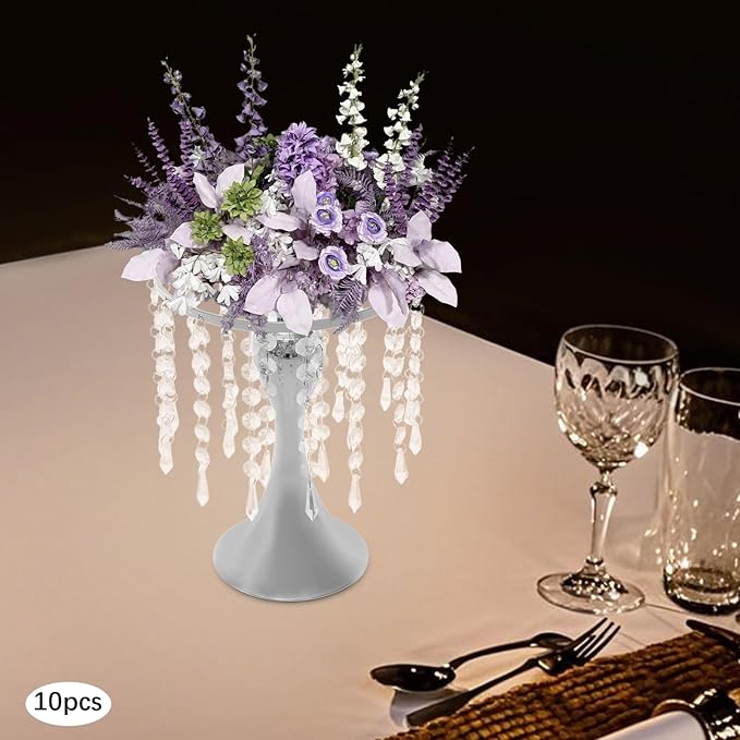 Flower Stand Vase, 10 Pcs Glam Crystal Wedding Reception Decorations with Sparkling Beads Table Center Display Flower Arrangement Flower Stand Metal Vase for Event Party Decor (Silver, H:10.23in)