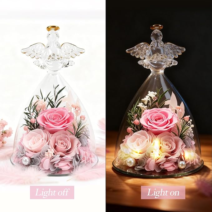 Casaido Christmas Rose Gifts for Women, 7" Pink Preserved Roses Flowers in Glass Angel Figurine, Birthday Gift for Mom Wife Grandma, Eternal Rose for Mothers Day Valentines Anniversary