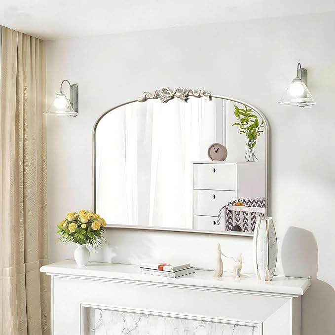 Besdomus Vintage Arched Large Mirror: 36"x29" Champagne Silver Bow Antique Wall Mounted Mirror - Baroque Traditional Ornate for Fireplace/Bathroom/Living Room - Home Decor for Fashion-Conscious