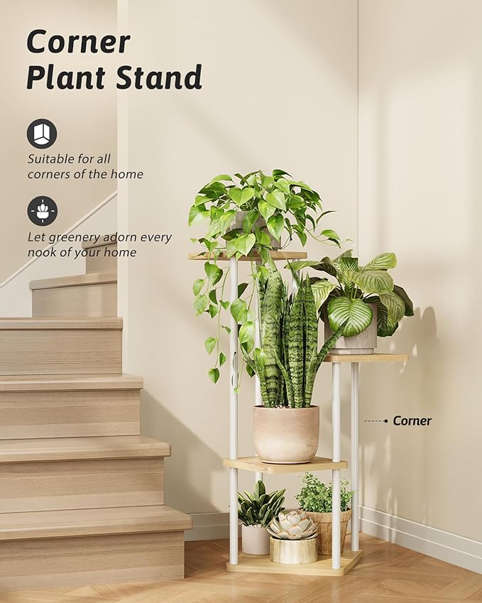 GENTINGBRO Tall Plant Stand Indoor 4 Tiered Plant Shelf for Multiple Plants Coner Shelf Stand Wood Plant Stand Metal Shelving for Living Room Bedroom Balcony Patio White