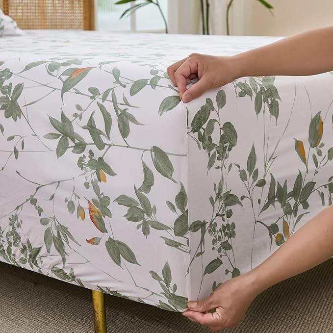 100% Cotton Sheets Set Queen Size – 4 Pieces Luxury Breathable Percale Cotton Bedding with Deep Pockets, Crisp Cool Feeling, Soft&Durable, Refined Botanical Elegance, Green Floral Bed Sheets