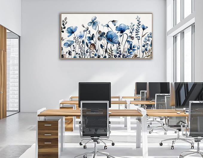 VEAEE Floral Wall Art, Abstract Indigo Flowers Canvas Pictures, Living Room Wall Decor, Modern Landscape Painting, Botanical Grass Artwork for Bedroom Bathroom Kitchen Office Wall Decor 29"x 58"