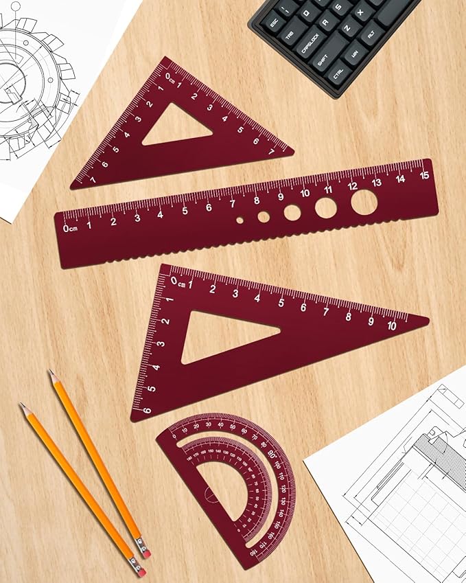 Honagu Triangular Ruler Set, 4 Pieces Aluminum Alloy Ruler, Metal Drafting Ruler, Geometric Protractor for Students, Draftsmen, Engineers, School Office Supplies (Rose Red)
