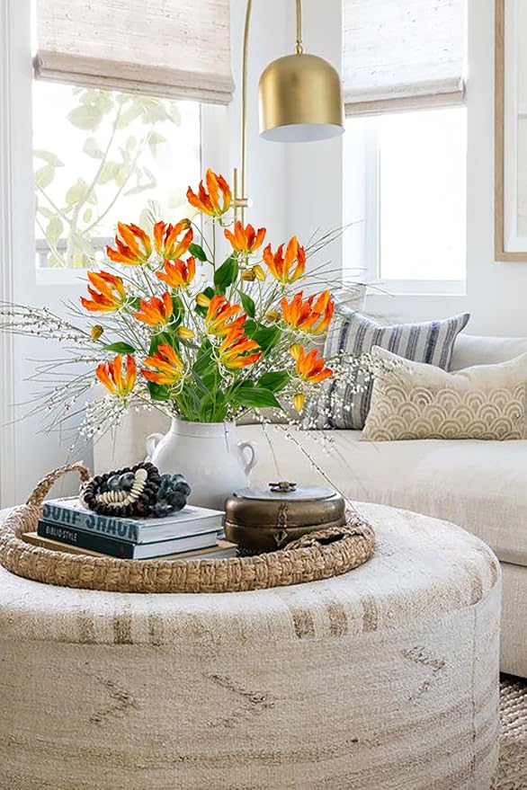Briful 33'' Real Touch Artificial Flowers Sprays Set of 5 Fake Gloriosa Superba Flowers,Orange Faux Flame Lily Flowers Bouquets Floral Arrangement for Wedding Home Farmhouse Centerpieces Vase Decor