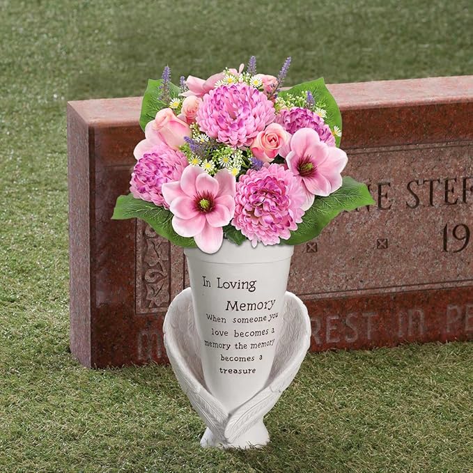 Hollyone Set of 2 Artificial Cemetery Flower for Graves Cemetery Memorial Flowers for Outdoor Grave Decorations Silk Flower Arrangements Pink Chrysanthemum Rose Floral Flowers Bouquets