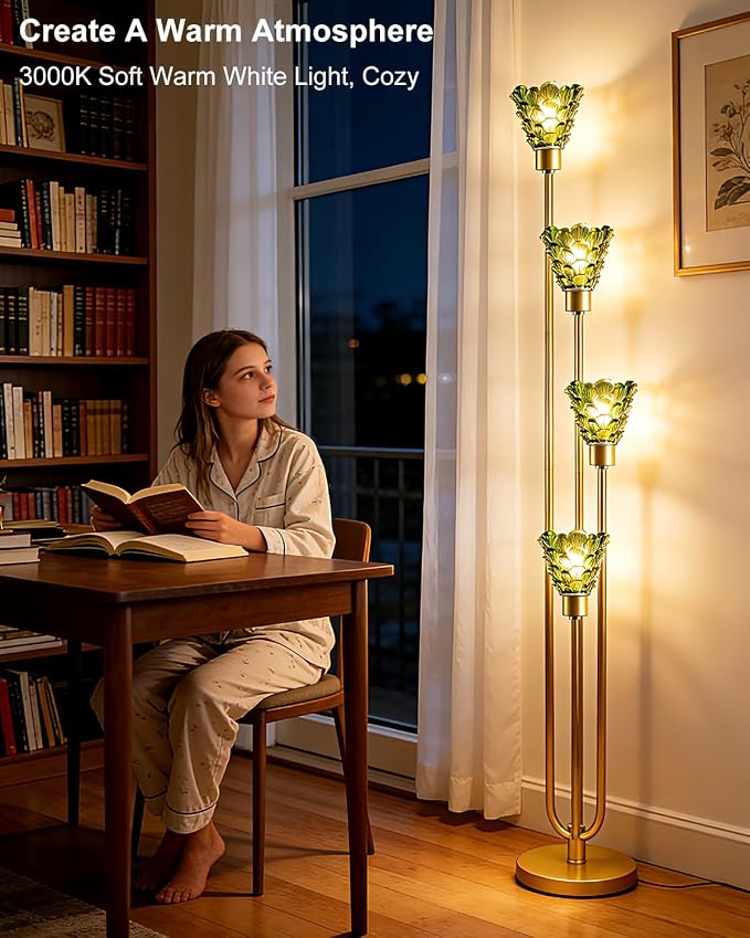 63IN 4-Lights Glass Floor Lamp Modern Dimmable Floor Lamps with Green Glass Shade& Warm White Bulbs for Wedding/Party, Gold Tall Standing Lamp with 5Lbs Heavy Base for Living Room/Bedroom