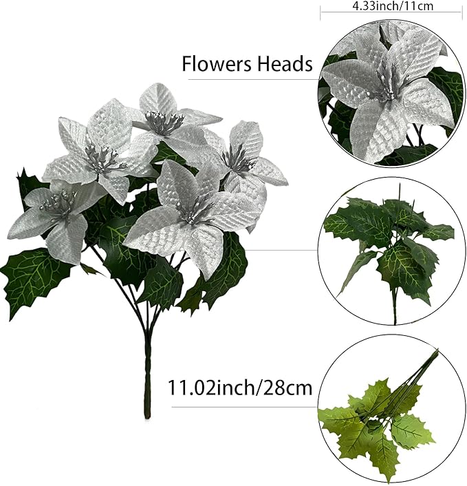 8 Pack 5 Heads Christmas Artificial Poinsettia Flowers Faux Poinsettia Bush Bouquets Silk Poinsettia Christmas Tree Ornaments Poinsettia Flower Arrangement for Home Decor