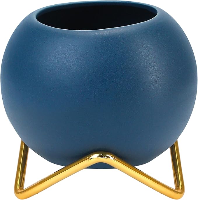 BuleVina 4” Ceramic Plant Flower Pot - Indoor Planter Pot with Gold Metal Stand for Herbs Orchids Cacti Succulents Potted Planter (Navy Blue)