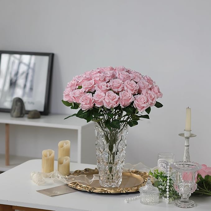 FOTEEWL 60 Pcs Artificial Rose Flower Realistic Faux Silk Roses Stem Fake Roses Bouquet for Flower Arrangement,Wedding Centerpieces,Party,Home Decorations (Pink)