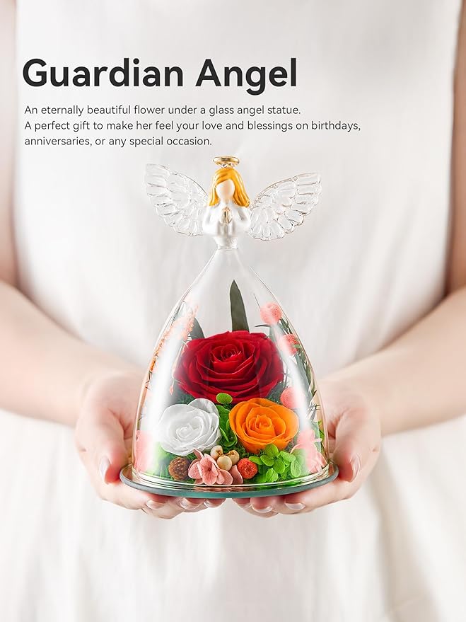 Gifts for Women Forever Flowers Preserved Rose in Glass Angel Figurine Real Colorful Roses Birthday Gifts for Her Grandma Sister Daughter Wife, Red