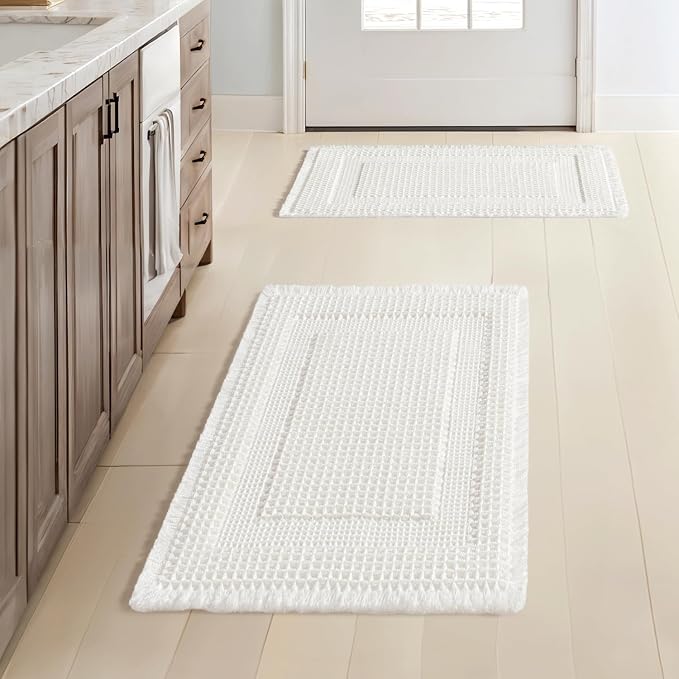 MIULEE Set of 2 Waffle Bathroom Rugs, Boho Bath Rug Super Absorbent, Non Slip Washable Ultra Soft Rubber Backed Shower Bath Mats for Floor, Tub, Shower, Looped Design, White, 17x24 Inch